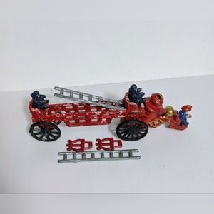 Cast Iron Red Vintage Style Toy Fire Truck with 2 Silver Ladders  2 Figures